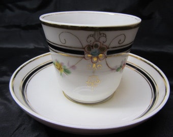 Sweet Treat...Tea Cup and Saucer White Trimmed in Black and Gold, Morning Coffee or Tea Cup and Saucer, White and Black Trim Cup and Saucer