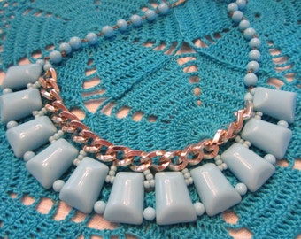 Soft Blue Glass Choker, Vintage Glass Choker, Glass Beaded Necklace, Baby Blue Jewelry, Mid Century Glass Jewelry, Adjustable Necklace