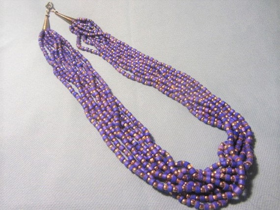 Multi Strand Purple and Gold Beads Necklace, 8 St… - image 1