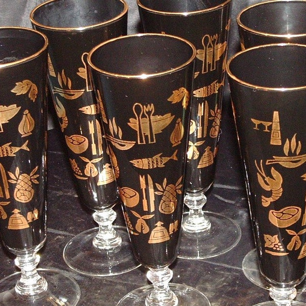Set Blackand Gold Glass Shrimp Cocktail Tumbler, 6 Tall Black and Gold Tumblers, Seafood Theme Tumblers, Mid Century Modern Tumblers