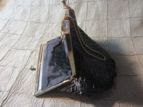 Black Beaded Evening Clutch, Clamshell Shaped Eve… - image 6