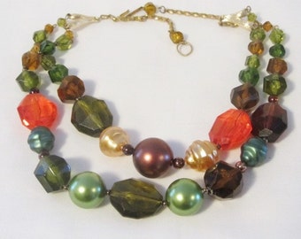 Lucite Beaded Necklace, Green Brown and Orange Beaded Necklace, Double Strand Beaded Necklace Made in Germany, Two Strands Beaded Necklace