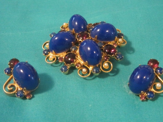 Lapis Stone Brooch Earring Set In Gold Filigree, … - image 5