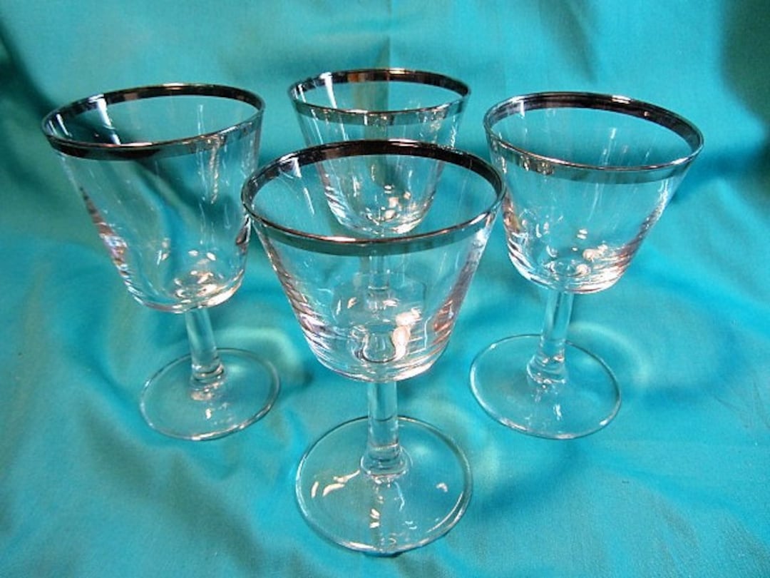 Crystal Wine Glasses Silver Rim 4.75, Barware Vintage Stemwear Wine