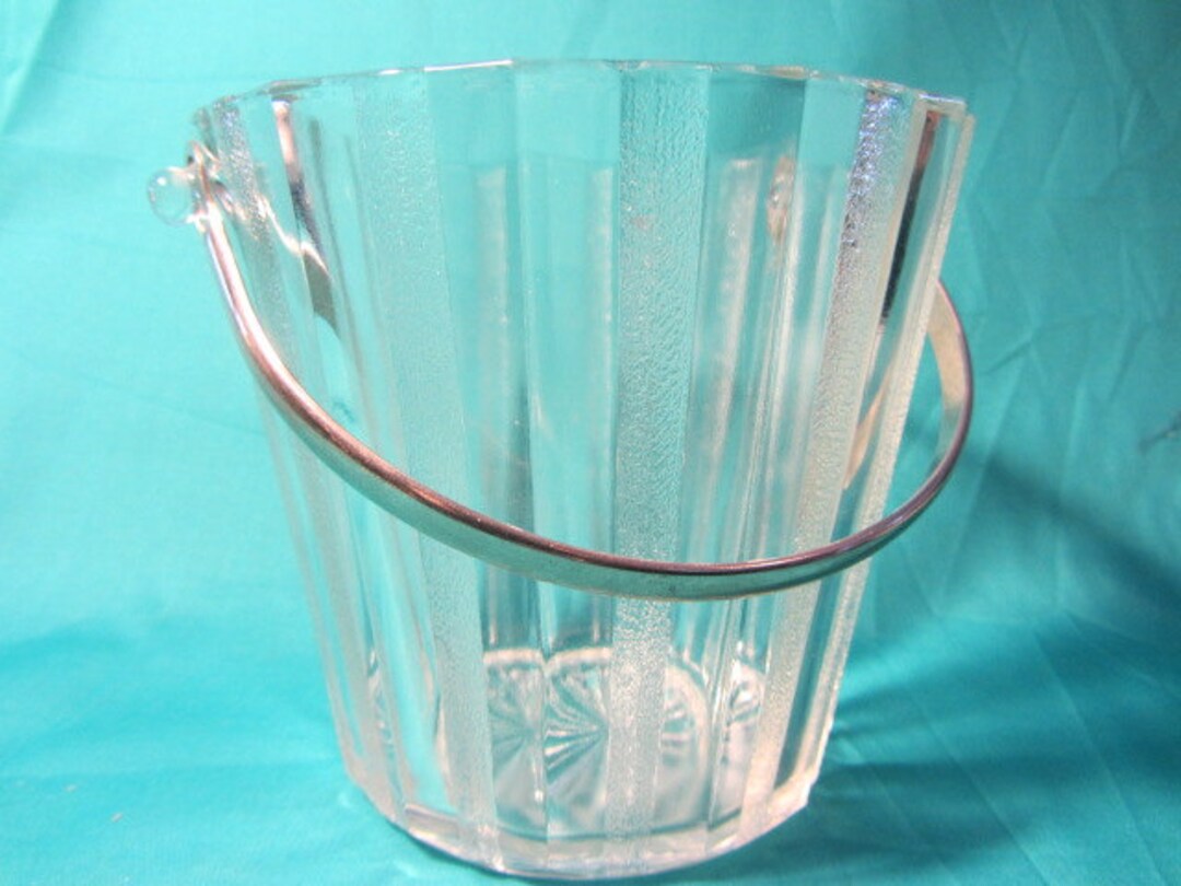 Clear Glass Ice Bucket Vintage, Mid Century Ice Bucket Silver Handle