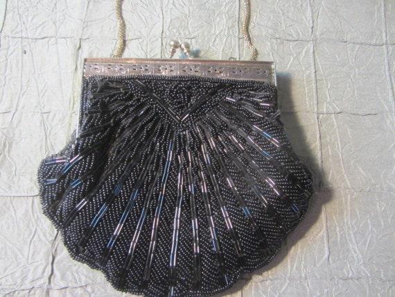 Black Beaded Evening Clutch, Clamshell Shaped Eve… - image 7