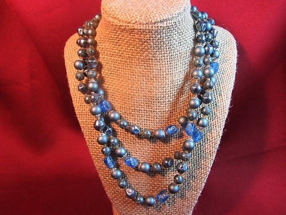 Blue Multi Strand Vintage Necklace, 3 Strand Bead… - image 2