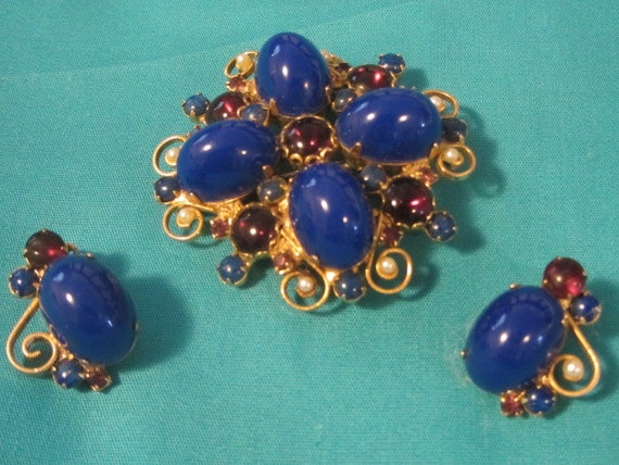 Lapis Stone Brooch Earring Set In Gold Filigree, … - image 2