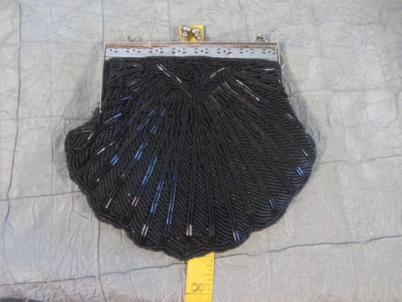 Black Beaded Evening Clutch, Clamshell Shaped Eve… - image 8