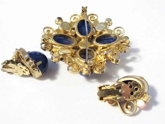 Lapis Stone Brooch Earring Set In Gold Filigree, … - image 4