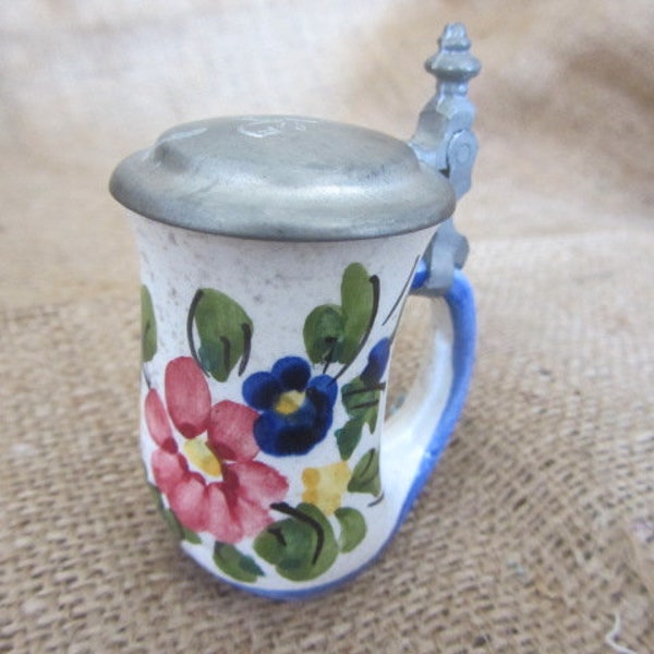 Vintage Flip Top Quist Pottery Toothpick Holder, Old Toothpick Holder, Floral with Metal Flip Top Holder