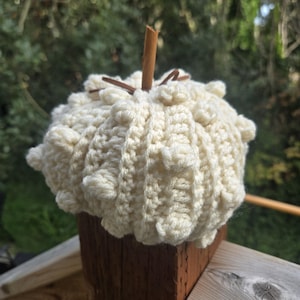 May include: A cream-colored crocheted pumpkin featuring a textured bobble stitch pattern throughout the body. The top of the pumpkin is adorned with a brown cinnamon stick stem, providing a natural accent to the soft, yarn-based construction.