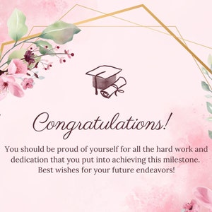 Carte de fin d'études florale prête à être imprimée à la maison, carte de remise de diplôme imprimable, casquette de diplômé félicitations, téléchargement immédiat, impression à la maison