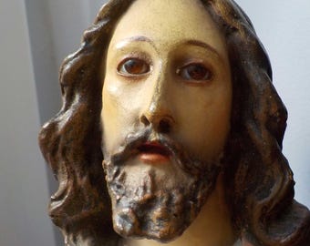 Vintage Sacred Heart of Jesus Statue, Olot Polychrome Stucco Figure with Wooden Base.