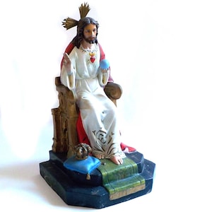 Majestuoso Sagrado corazón. Escultura Religiosa antigua enorme. Jesús en trono. VS68