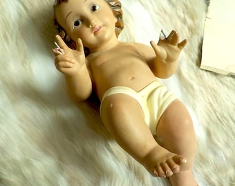 Rare 1930s Olot Christ Child Glass Eyes Sculpture | Vintage Spanish Religious Estuco Figure