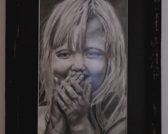 Original Graphite Child Portrait: Black Matted Distressed Wood Frame
