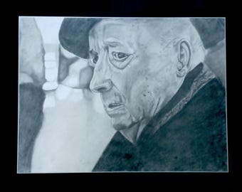 Retrato original en grafito: anciano, con paspartú y marco (81 x 66 cm)