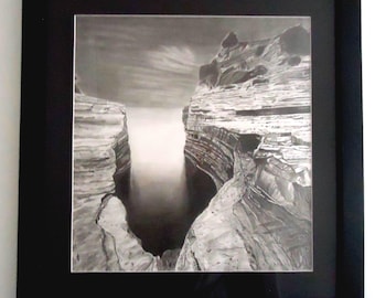 Original Landschafts Zeichnung: Passepartout & gerahmt Cove Art (62 x 60 cm)