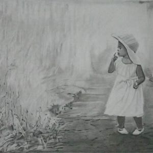 Original graphite drawing, Pencil drawing, Baby shower gift, young girl drawing, black white drawing. 10x15in.Original rendering. No prints.
