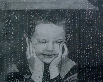 Retrato infantil original en grafito: dibujo en blanco y negro (11,75 x 15 pulgadas)