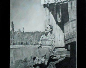 Original Graphite Drawing: Vintage Farm Life, Matted (19.5 x 16.75 in)