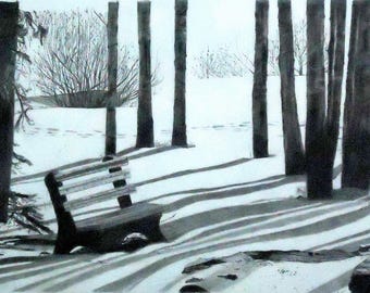 Original Graphite Winter Landscape Drawing: Black and White Art (14 x 22.5 in, Unframed)