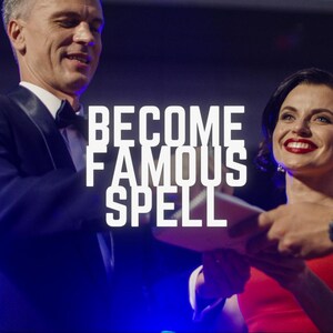 May include: Image features the text "BECOME FAMOUS SPELL" in white, set against a dark blue background. A man in a suit and a woman in a red dress are visible, both smiling. The image suggests a theme of celebrity or fame.