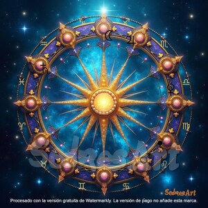 Puede incluir: Una carta astrológica circular con un sol central dorado rodeado por un anillo azul profundo con doce secciones ornamentadas, cada una con una esfera rosa. Los símbolos del zodiaco y planetarios están dispuestos alrededor del perímetro.