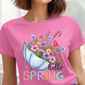Hello Spring T-Shirt – Graphic Tee for Spring Lovers, Floral Umbrella Tee, Gift for Spring Holiday, Flower Lover Shirt, Spring Season Tee