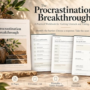 May include: A workbook titled The Procrastination Breakthrough: A Practical Workbook for Getting Unstuck and Taking Action. The set includes a cover page and three interior pages with prompts for identifying barriers and planning next steps.