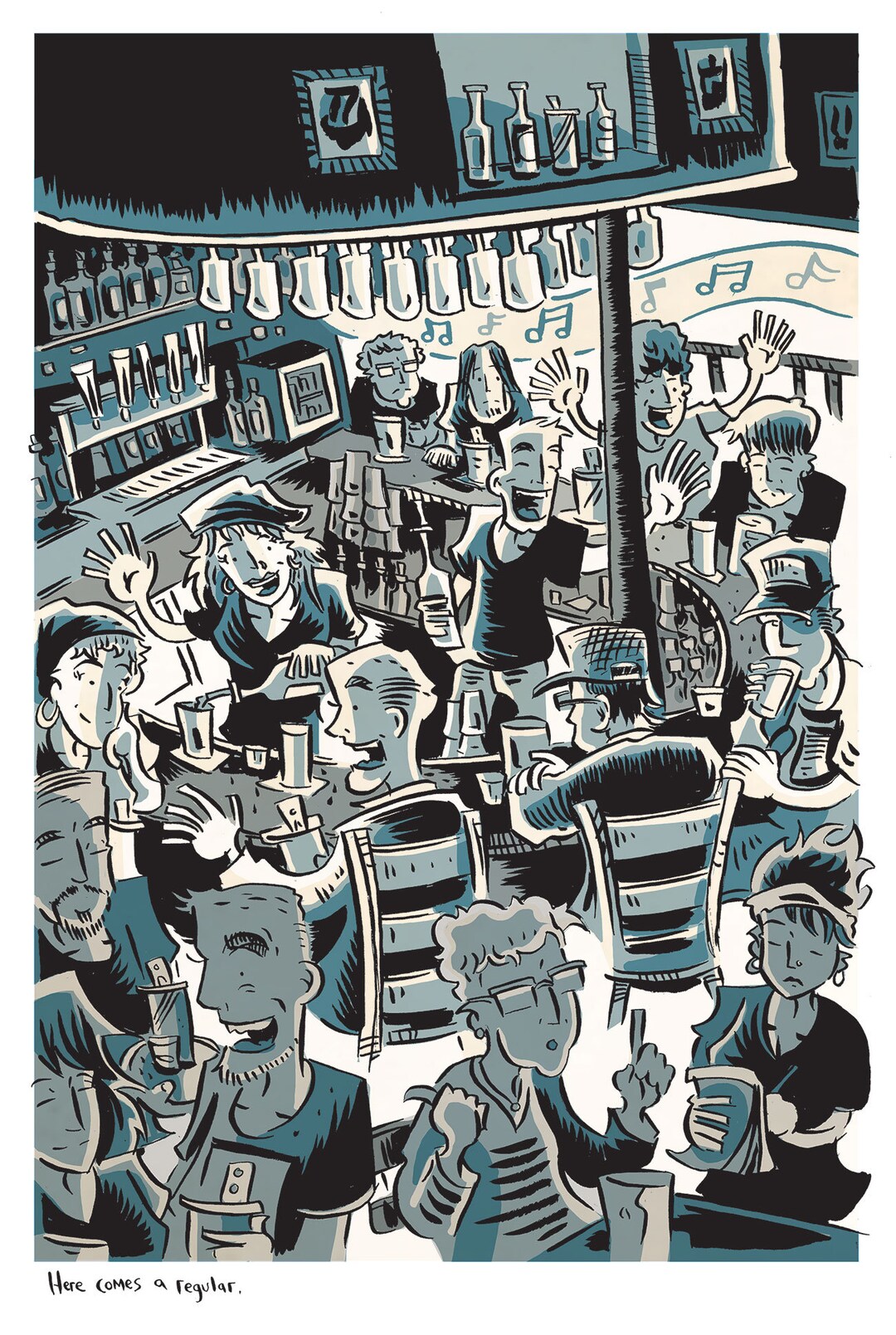 Here Comes a Regular: 11"x17" Crowded Bar Illustration by Karl ...