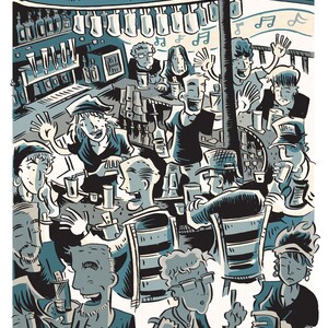 May include: Illustration of a crowded bar scene with patrons and a bartender. The artwork is in shades of blue and black, with musical notes and bottles visible. The text "Here comes a regular" is at the bottom.