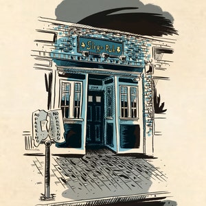May include: A hand-drawn illustration of a pub called "Sligo Pub" with a shamrock logo. The pub has a blue door and windows, and a brick facade. There are two "No Parking" signs in front of the pub.