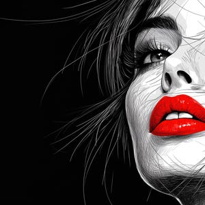 Retrato de mujer en blanco y negro con labios rojos – Impresión de arte digital