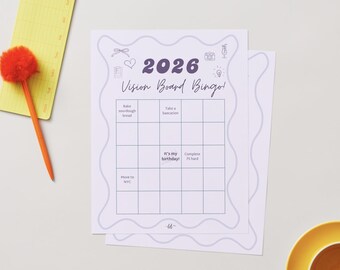 Bingo för visionstavla 2026, mall för nyårsmål, redigerbar Canva-målspårare, utskrivbar