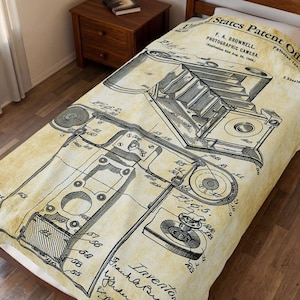 Vintage Camera Patent Plush Blanket | Photographer Gift, Cozy Home Decor