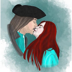 May include: Digital illustration of a couple kissing. The man wears a black hat and a teal shirt under a gray coat. The woman has long red hair and a teal top. The background is a teal watercolor wash.