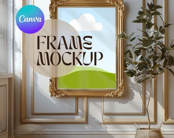 Puede incluir: Un marco de imagen dorado adornado con una ilustración simple de una colina verde y una nube blanca sobre un fondo azul. El texto "FRAME MOCKUP" se superpone a la imagen. El marco está colgado en una pared blanca con molduras doradas.