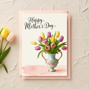 Tulips Vase Vintage Mothers Day Card Digital Retro Tulip Bouquet Greeting Card Rustic Floral Bouquet Card Pink Tulip Flower Bouquet Card
