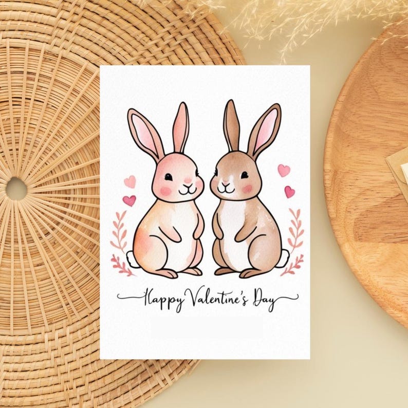 Printable Valentines Card with Bunny Couple Illustration DIY Cute Love Card Template for Boyfriend Girlfriend Partner Anniversary Greeting Idea