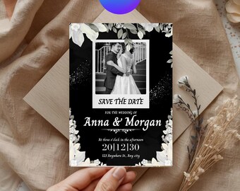 Invitación boda floral descarga instantánea plantilla editable en Canva foto personalizada tema minimalista blanco y negro decoración boda