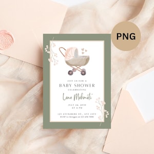Plantilla de invitación para baby shower, diseño de acuarela verde y beige, tarjeta personalizable, tema moderno neutro, linda celebración de bebé, invitación de fiesta DIY
