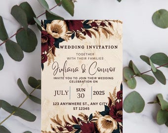 Floral Wedding Invitation Template: Autumn Botanical Design (Digital Download)