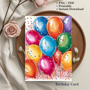 Cartão de aniversário em aquarela, modelo digital, cartão de felicitações com balões coloridos para impressão, cartão de aniversário divertido para adultos, crianças, amigos, cartão de festa