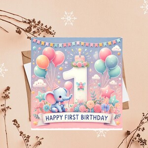 Cartão de primeiro aniversário Cartão de bebê elefante Design de animal fofo Saudação de primeiro aniversário Celebração de marco Cartão personalizado Lembrança Modelo de favor