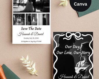 Plantilla digital de invitación de boda pack de cartas personalizadas diseño collage minimalista editable en Canva decoración fiesta