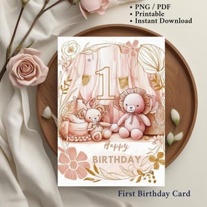 Modelo digital de cartão de primeiro aniversário Pinky para impressão, design de brinquedos para bebês, cartão comemorativo para meninas, conjunto de cartões para festa de 1º aniversário