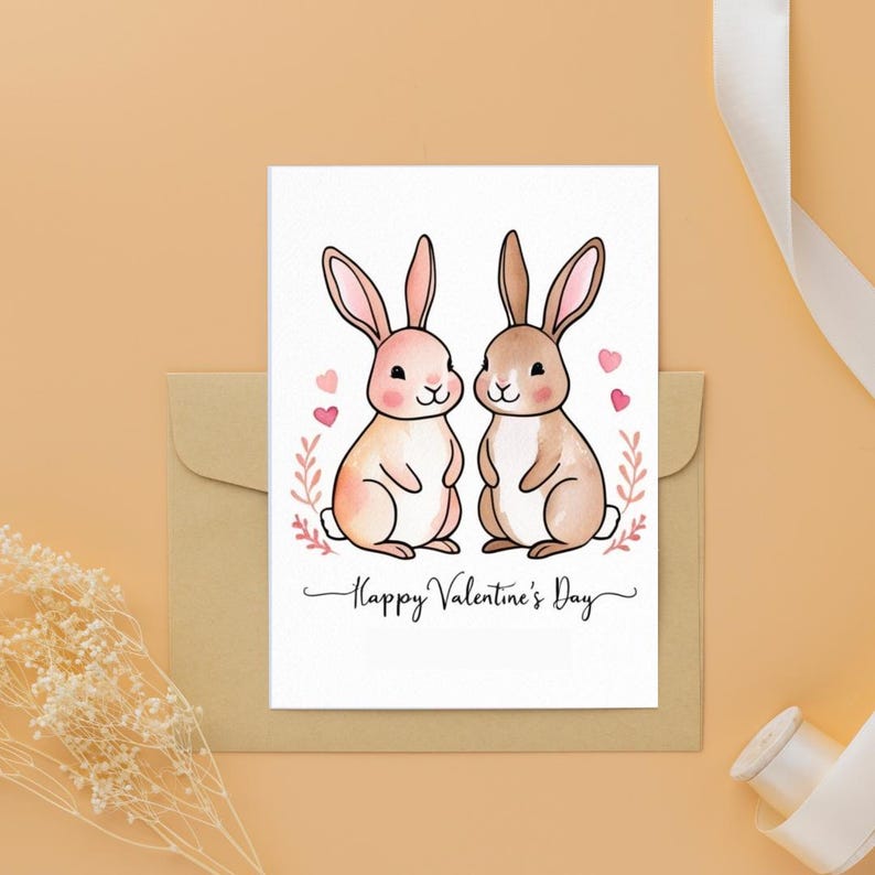 Romantic Bunny Couple Valentines Card Template Cute Printable Animal Love Greeting for Boyfriend Girlfriend Partner DIY Anniversary Gift