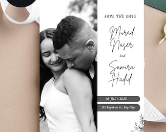 Invitación de boda lujo blanco y negro con flores plantilla digital imprimible elegante moderna novia y novio editable Canva suite